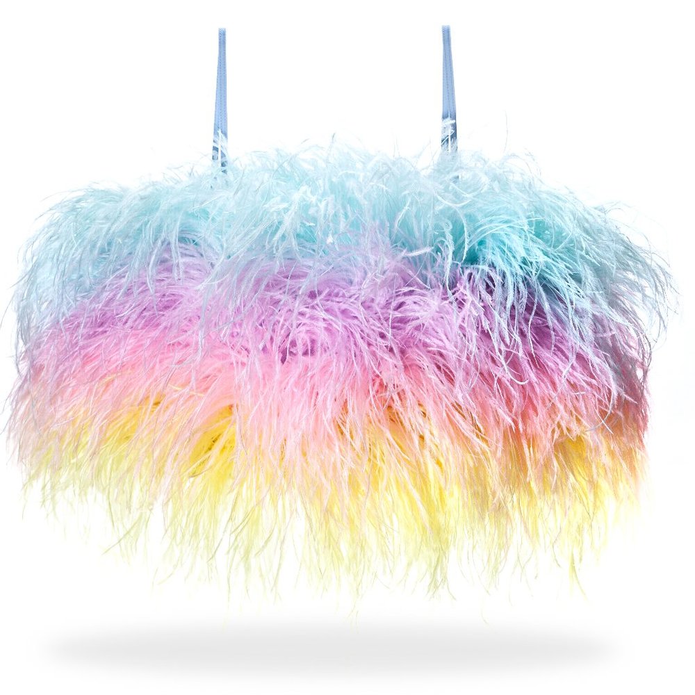 AROBÍ x DHB all over ostrich feather cocktail crop top. Exclusive sale.